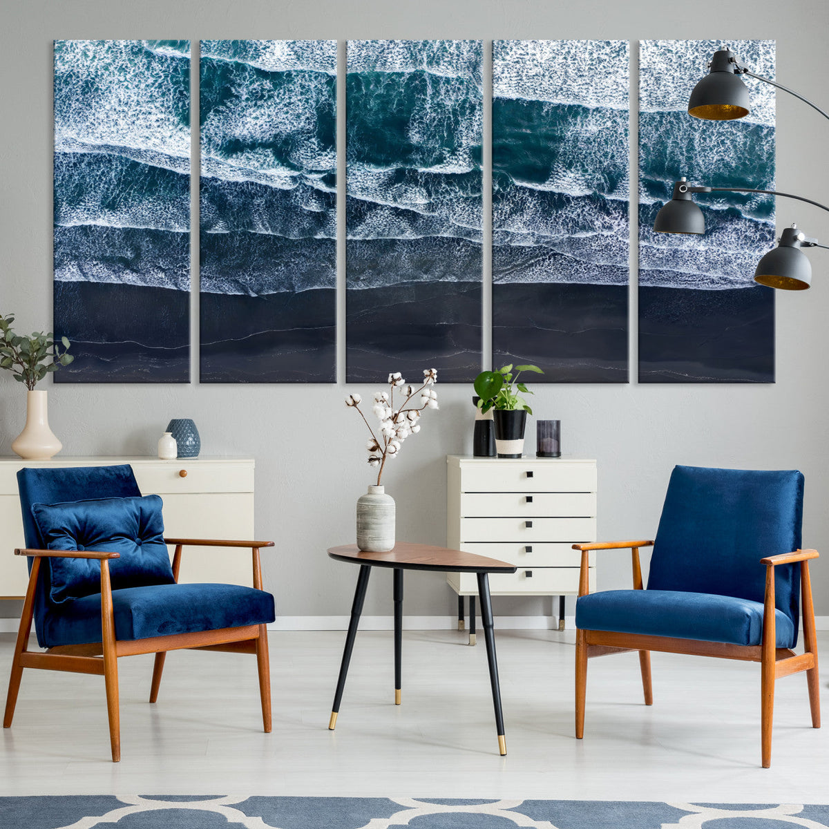 Black Beach Wall Art Canvas Print – Framed Aerial Ocean View