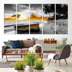 Yellow Rowboat Wall Art – Framed Tropical Shoreline Canvas