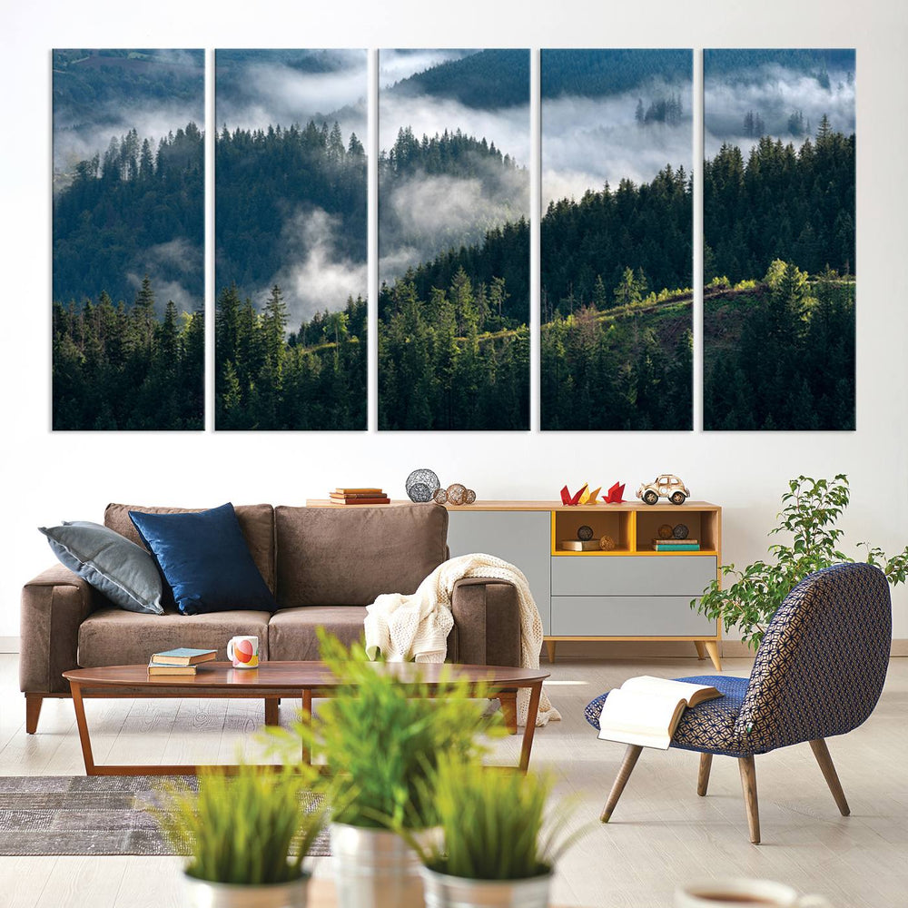 Misty Forest Wall Art Canvas Print – Pine Hills Foggy Trees