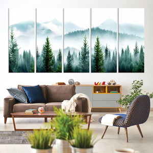 Pine Forest Wall Art Canvas Print – Misty Mountains Foggy