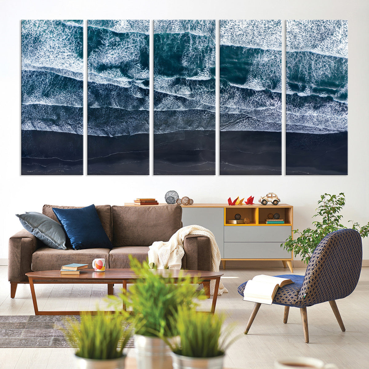 Black Beach Wall Art Canvas Print – Framed Aerial Ocean View