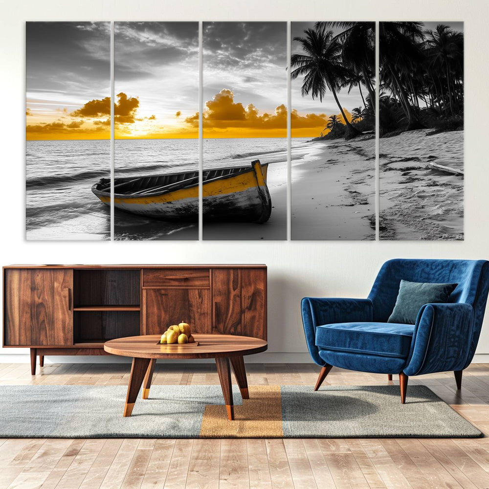 Yellow Rowboat Wall Art – Framed Tropical Shoreline Canvas