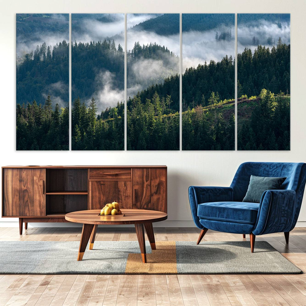 Misty Forest Wall Art Canvas Print – Pine Hills Foggy Trees