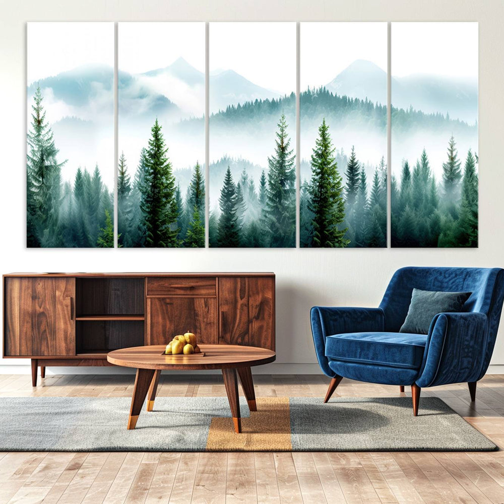 Pine Forest Wall Art Canvas Print – Misty Mountains Foggy