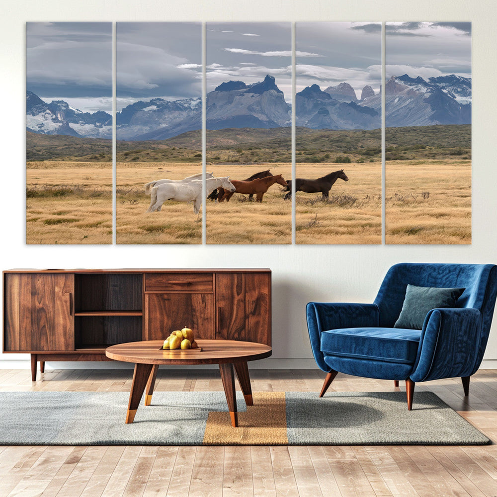 Grand Teton Park Wild Horses Wall Art Canvas Print – Framed