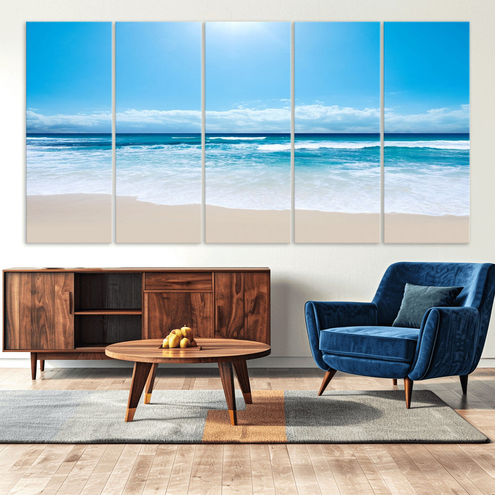Wall Art Canvas Print Shiny Blue Sea and Beach