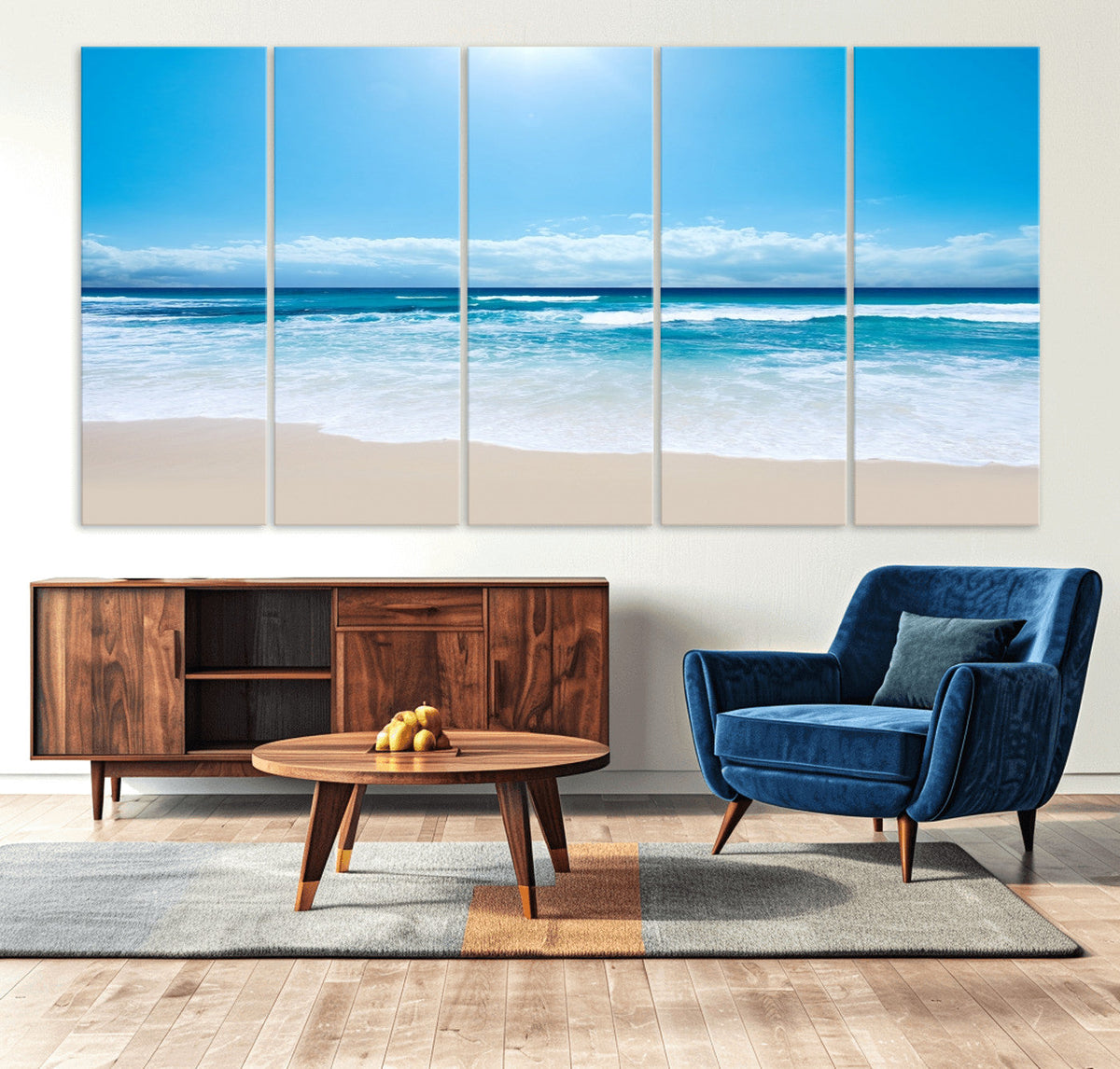 Wall Art Canvas Print Shiny Blue Sea and Beach