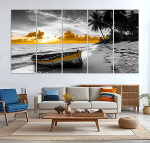 Yellow Rowboat Wall Art – Framed Tropical Shoreline Canvas