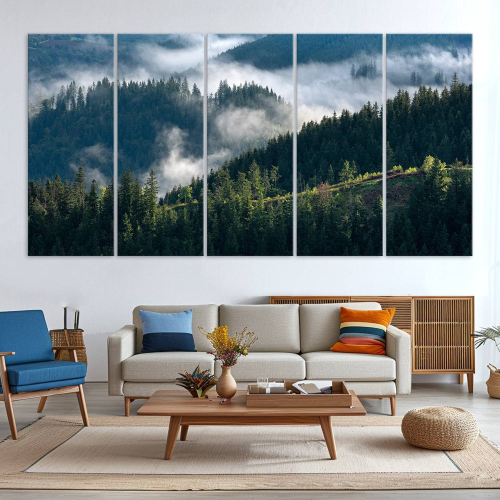 Misty Forest Wall Art Canvas Print – Pine Hills Foggy Trees