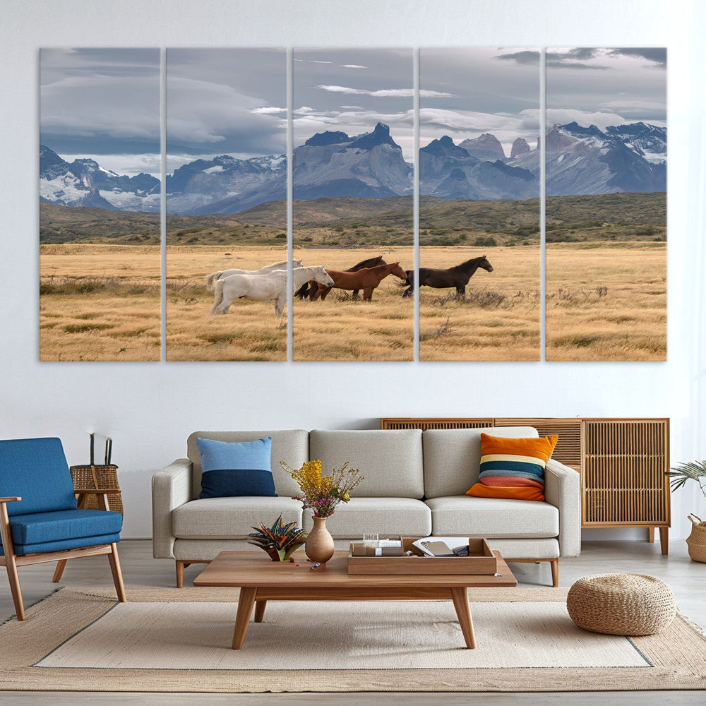 Grand Teton Park Wild Horses Wall Art Canvas Print – Framed