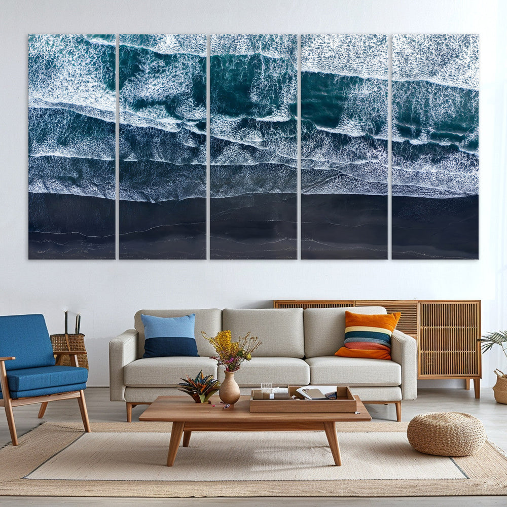 Black Beach Wall Art Canvas Print – Framed Aerial Ocean View