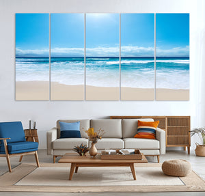 Wall Art Canvas Print Shiny Blue Sea and Beach