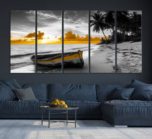 Yellow Rowboat Wall Art – Framed Tropical Shoreline Canvas
