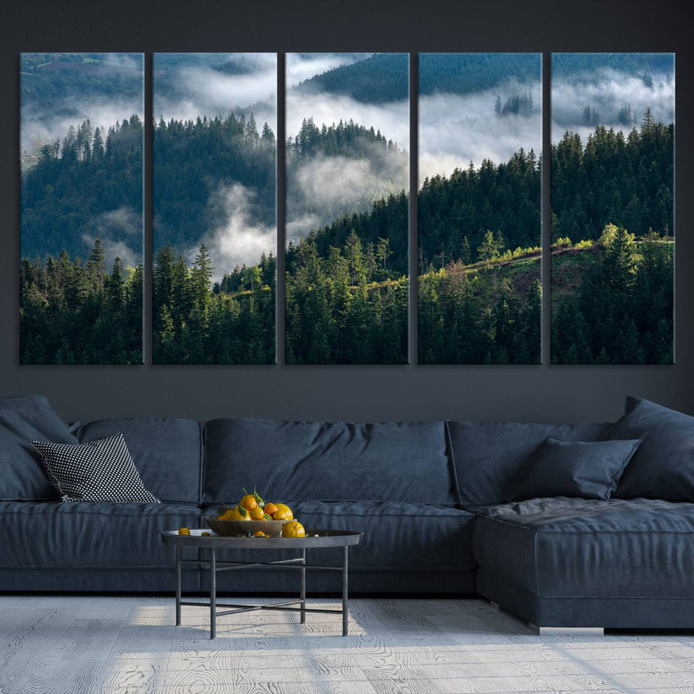 Misty Forest Wall Art Canvas Print – Pine Hills Foggy Trees
