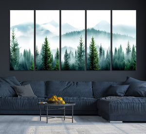 Pine Forest Wall Art Canvas Print – Misty Mountains Foggy