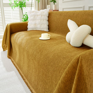 Solid Color Chenille Sofa Throw Blanket, Modern Decor Soft Couch Cover with Fringes