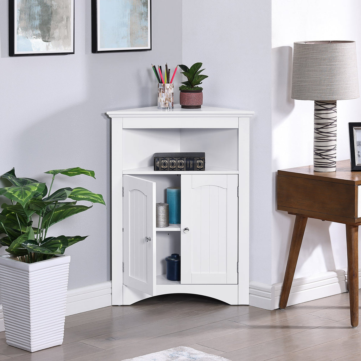 Bathroom Floor Corner Cabinet with Doors and Shelves