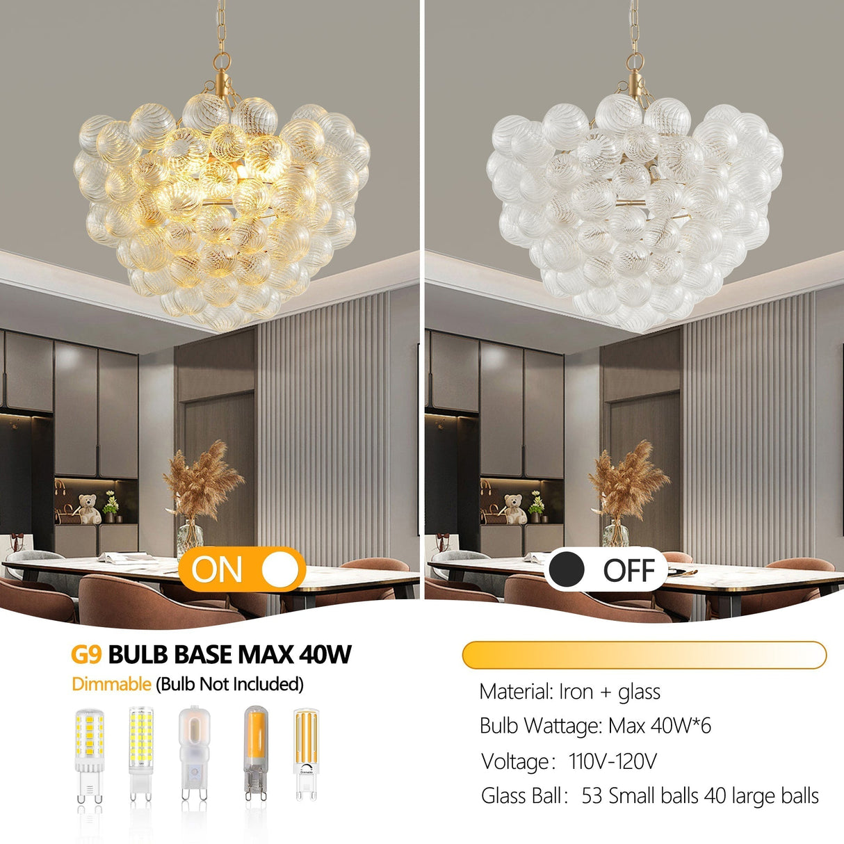23.6-Inch Gold Pendant Light Chandelier with Threaded Clear Glass Globe Shade