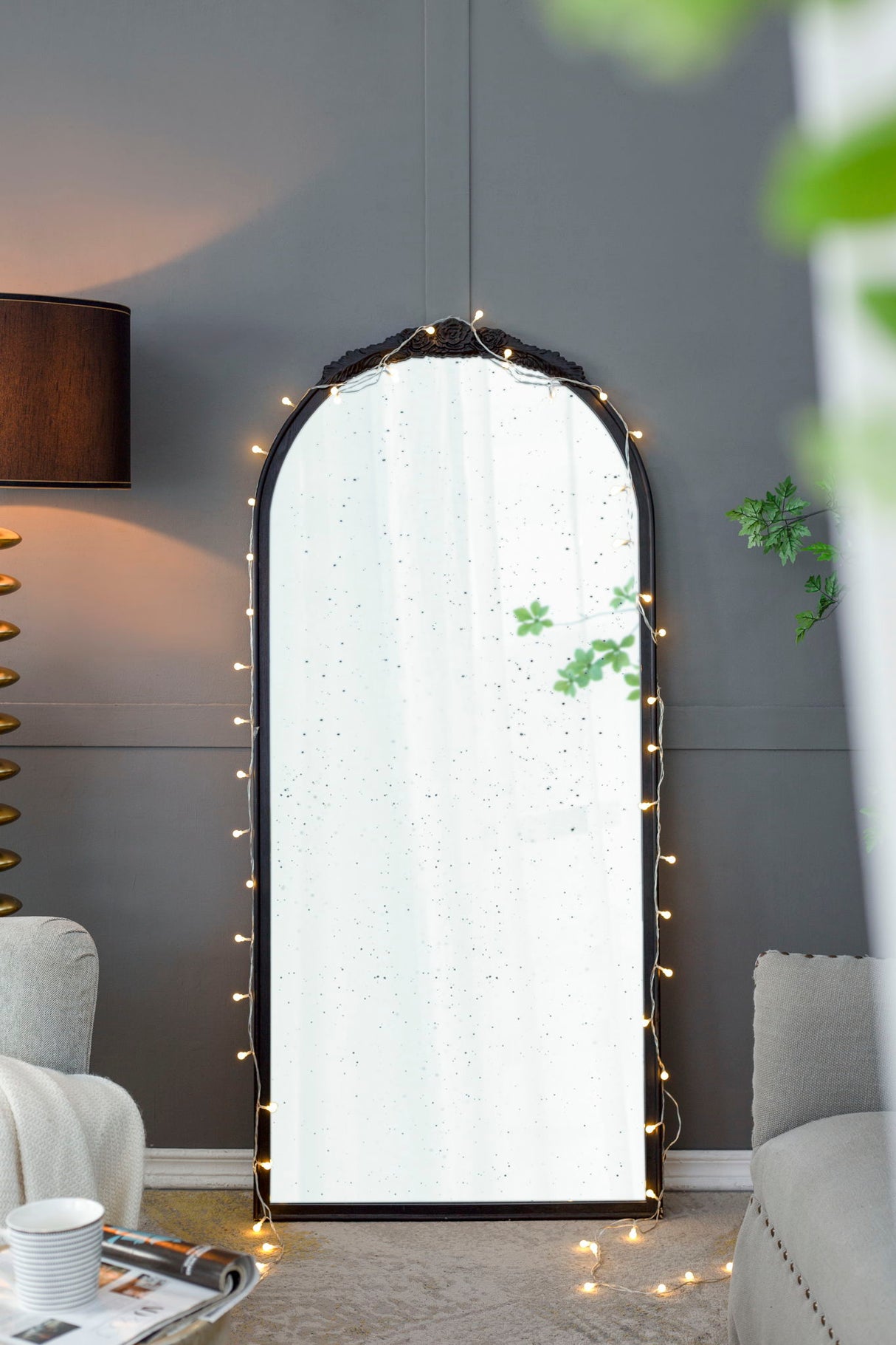 Hand Carved Rose Antique Mirror Frame, Wood Arch Mirror Wall Decor For Living Room