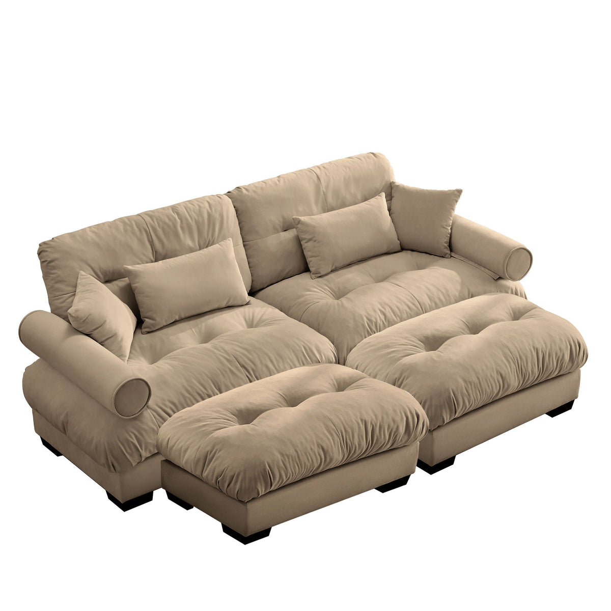 Modern Sectional Sofa With Ottoman, Round Bolster Armrests, Waist And Throw Pillows