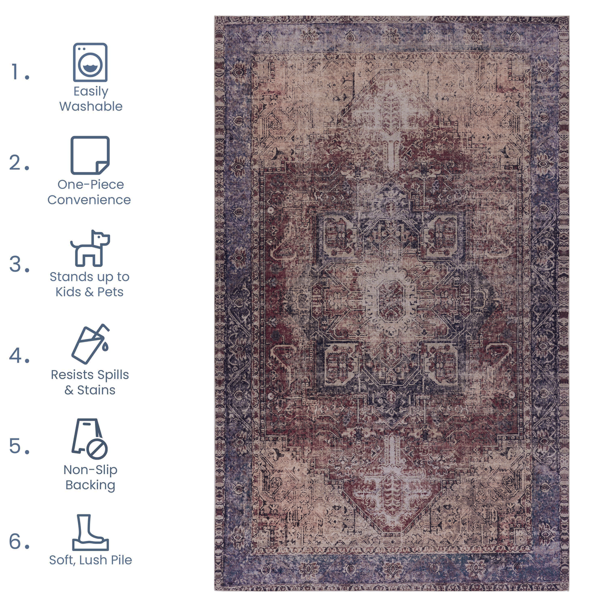 Area rug 3x5, washable rug, low-pile, non-slip, non-shedding, foldable, kid & pet friendly - area rugs for living room, bedroom, kitchen, dining room rug - perfect gifts, (burgundy, 3' x 5')