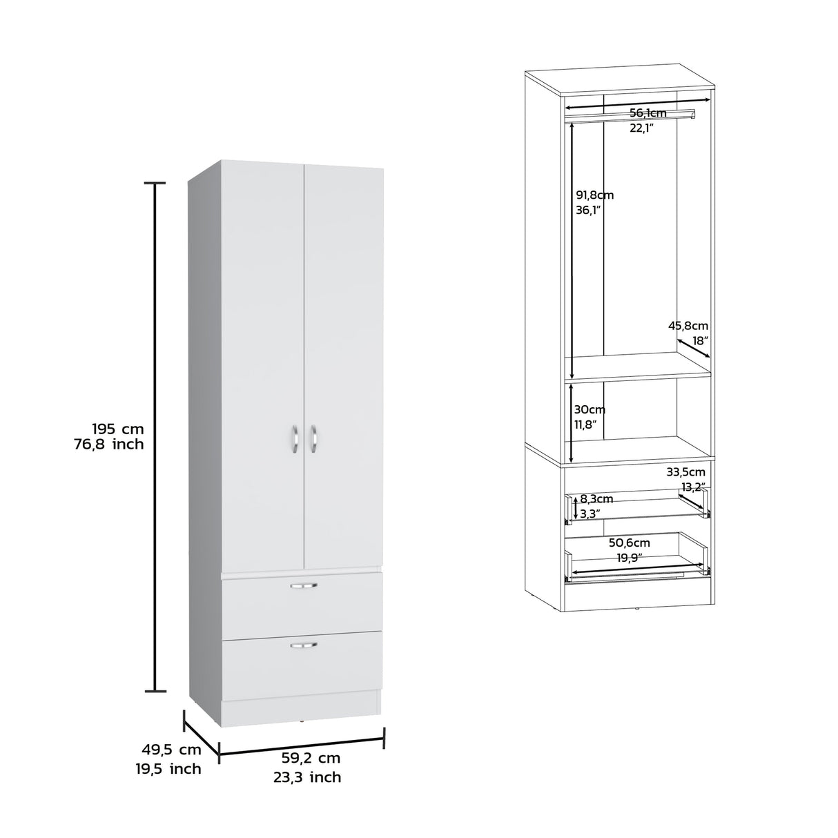Armoire Wardrobe 76" H, Hanging Rod, 2 Drawers, 1 Shelf