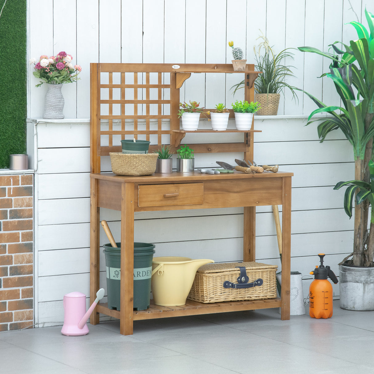 Potting-Bench-Table,-with-Tiers-of-Shelves-and-Drawer,-Brown-Potting-Bench-&-Storage