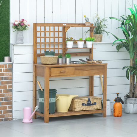 Potting-Bench-Table,-with-Tiers-of-Shelves-and-Drawer,-Brown-Potting-Bench-&-Storage