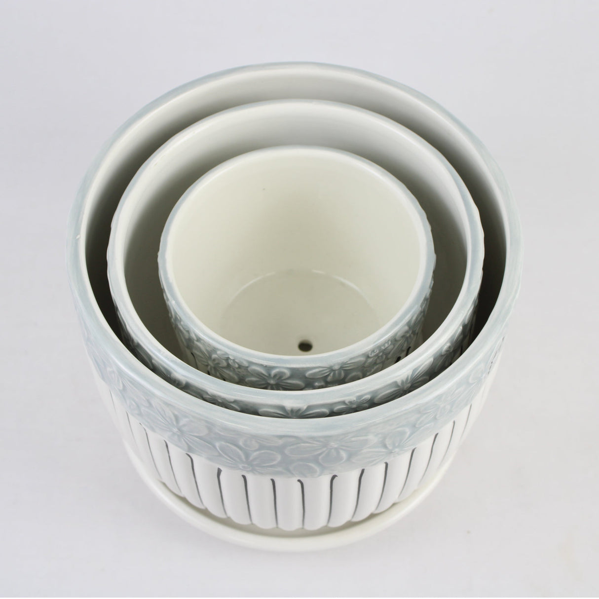 3-Piece Ceramic Planter Pot Set with Embossed Floral Rim and Saucers
