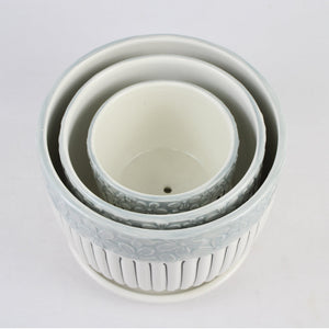 3-Piece Ceramic Planter Pot Set with Embossed Floral Rim and Saucers