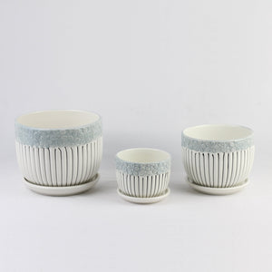 3-Piece Ceramic Planter Pot Set with Embossed Floral Rim and Saucers