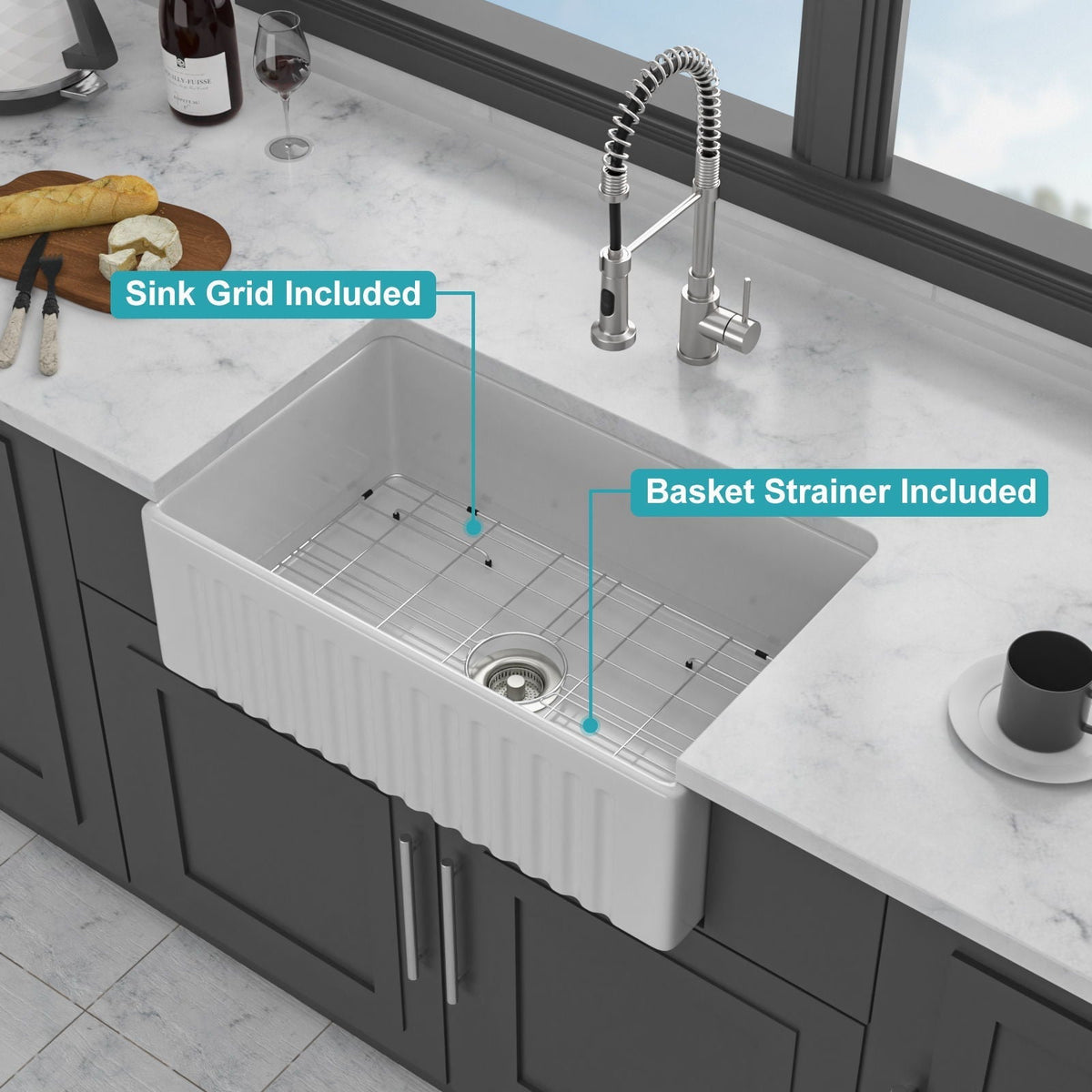 Apron-Front Reversible Single Bowl Kitchen Sink with Accessories - White