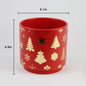 Red & Gold Christmas Ceramic Planter – Festive Holiday Tree Design