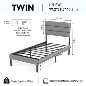 Upholstered Platform Bed Frame With Headboard, No Box Spring Needed, Underbed Storage