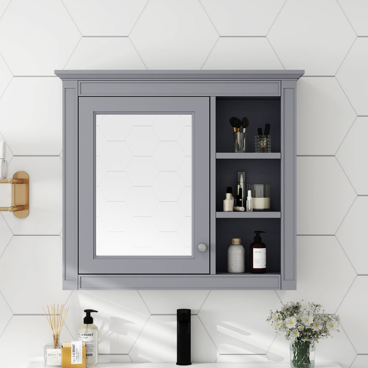 Wall Mounted Medicine Cabinet with Mirror and 3 Open Shelves - Multiple Colors