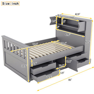 Captain Platform Bed Frame With Storage Bookcases, Shelves, And 4 Drawers