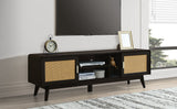 63'' Dark Rattan TV Stand with 2 Storage Cabinets and Solid Wood Legs