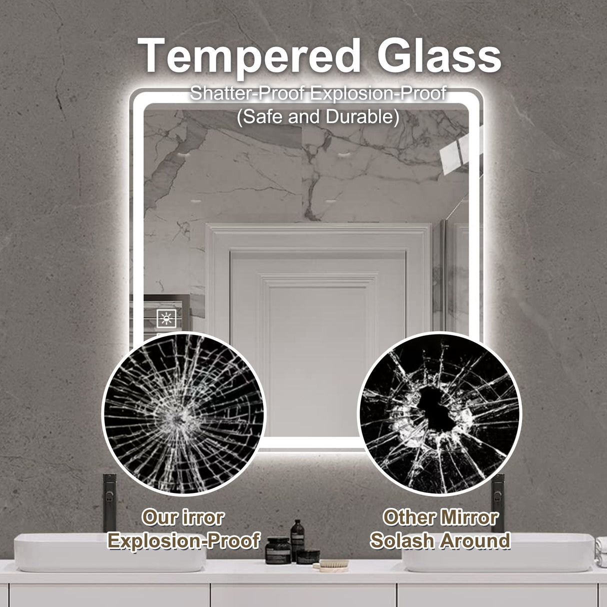 LED Bathroom Mirror, Anti Explosion Glass, Rust Resistant, Anti Fog, Tri Color