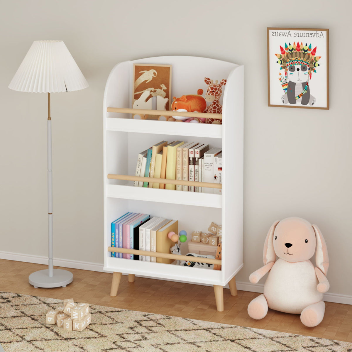 White 3-Tier Bookshelf with Toy Storage - MDF & Pine Construction