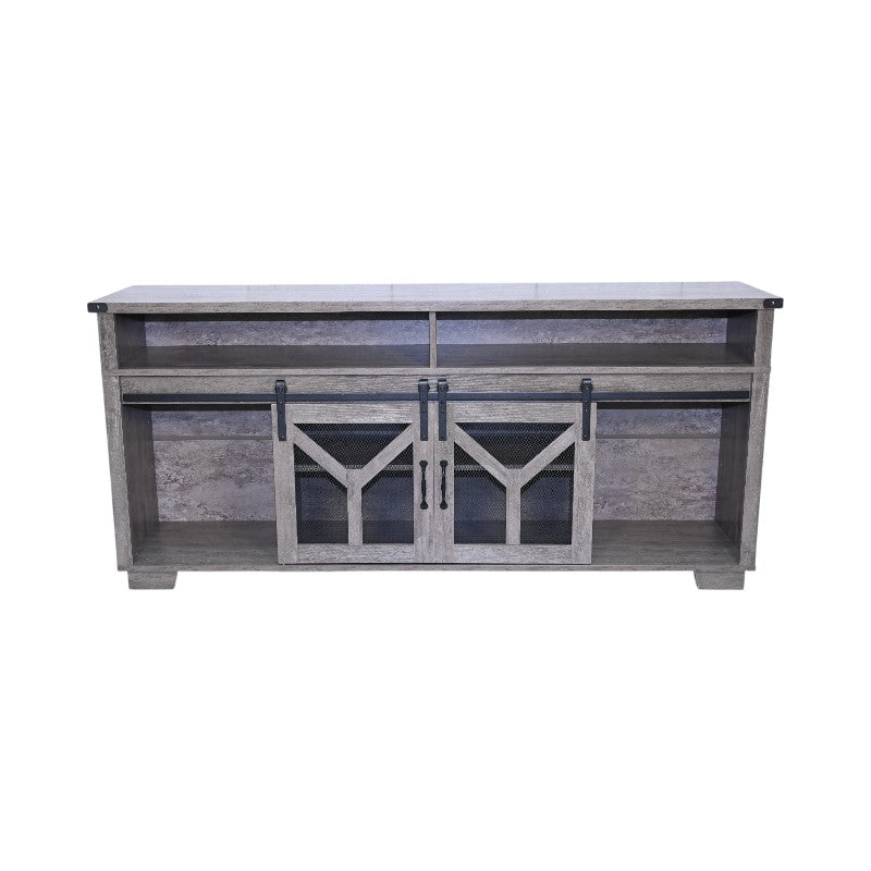 65.3" TV Stand with LED Light Strips and Iron Mesh Barn Door