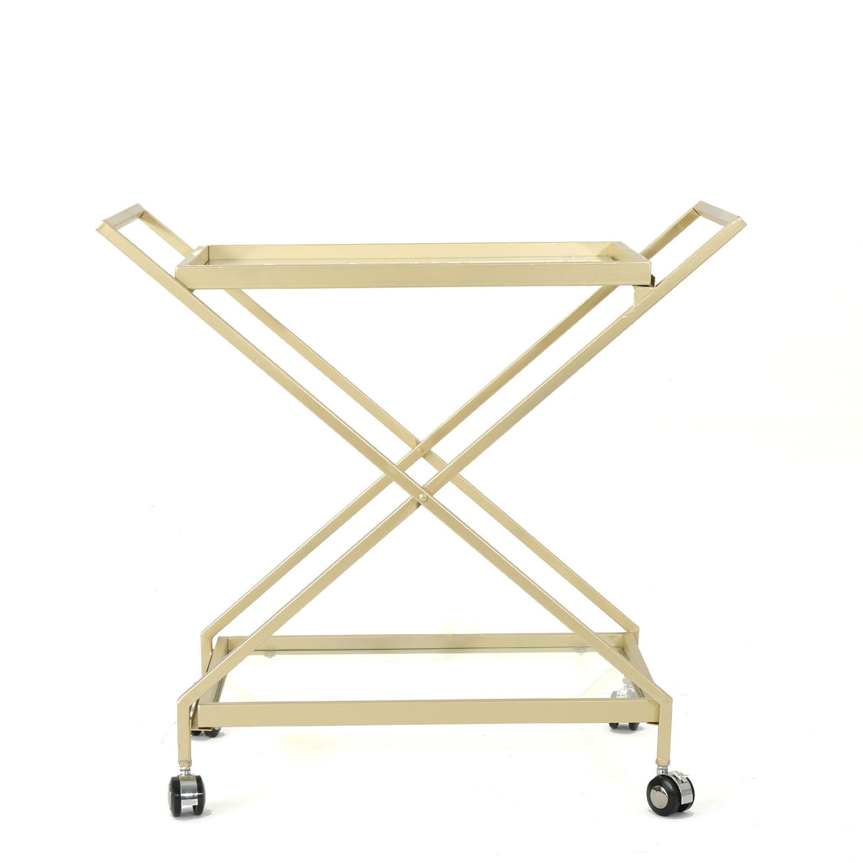 Sherianne Industrial Bar Cart with Tempered Glass Shelves and Swivel Wheels - Gold