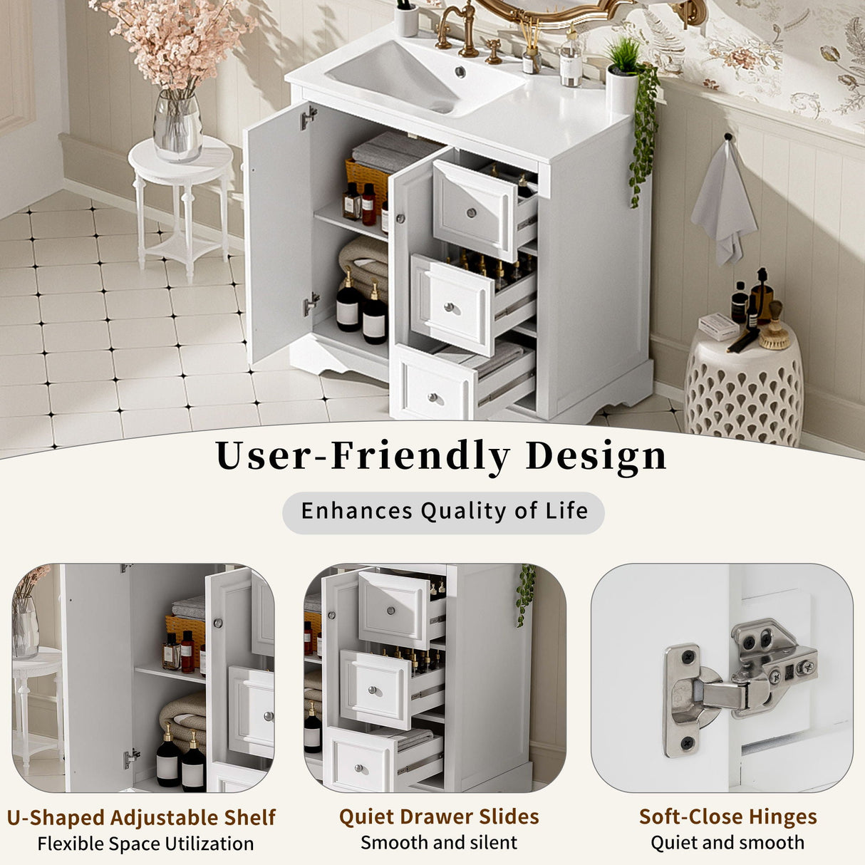 Bathroom Vanity With Sink, Soft-Close Doors, Adjustable U-Shelf, 3 Drawers