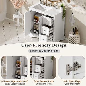 Bathroom Vanity With Sink, Soft-Close Doors, Adjustable U-Shelf, 3 Drawers