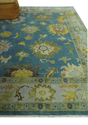 Blue, Silver and Olive 8x10 Hand knotted Traditional Oushak wool area rug