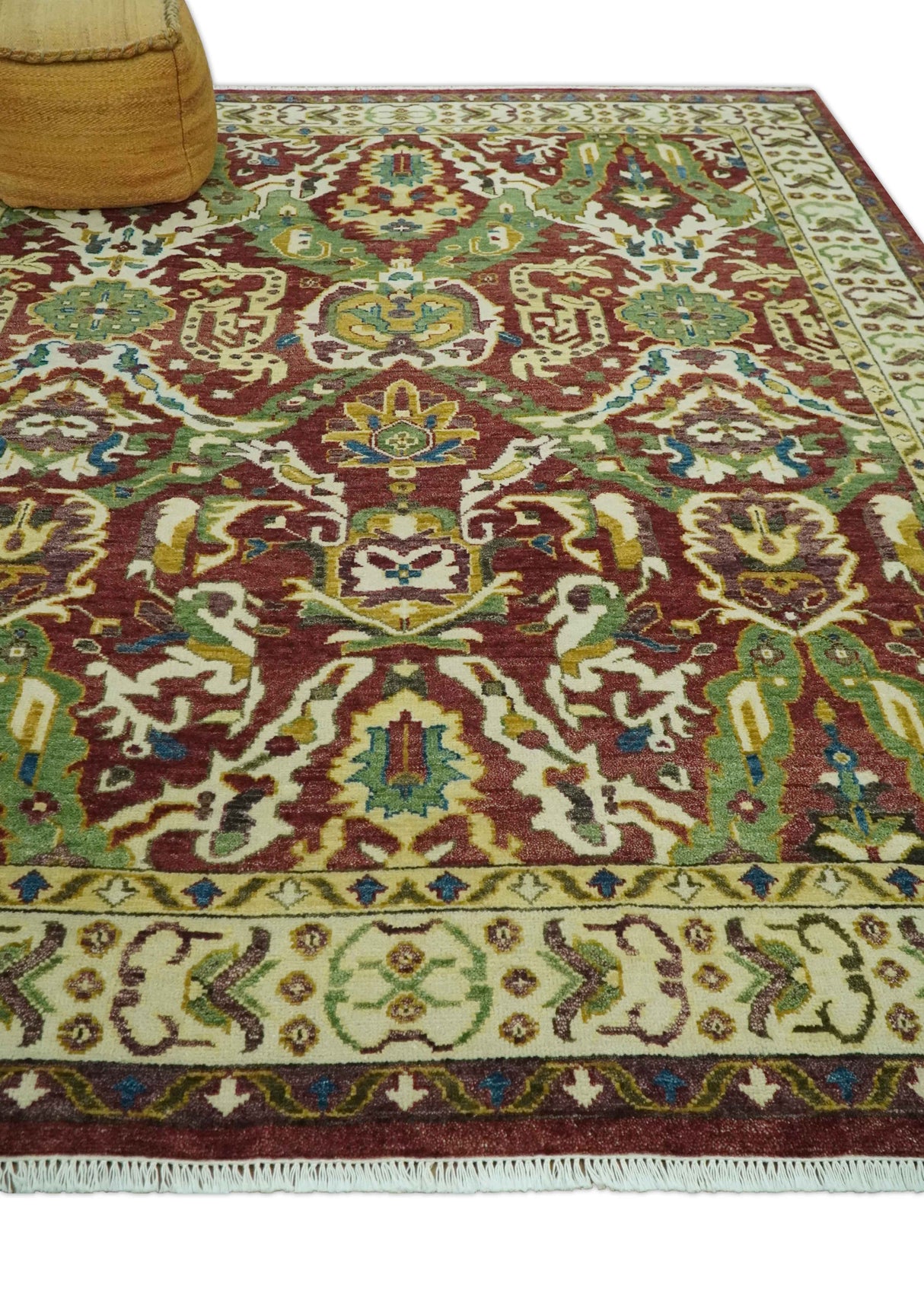 Maroon and Green Hand Knotted Traditional Large Design 8x10 wool area rug