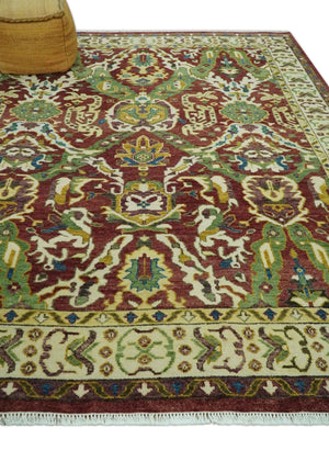 Maroon and Green Hand Knotted Traditional Large Design 8x10 wool area rug