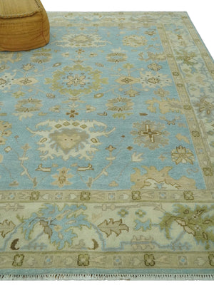 Light Blue, Beige and Ivory Hand knotted 8x10 Traditional Oriental Oushak wool rug