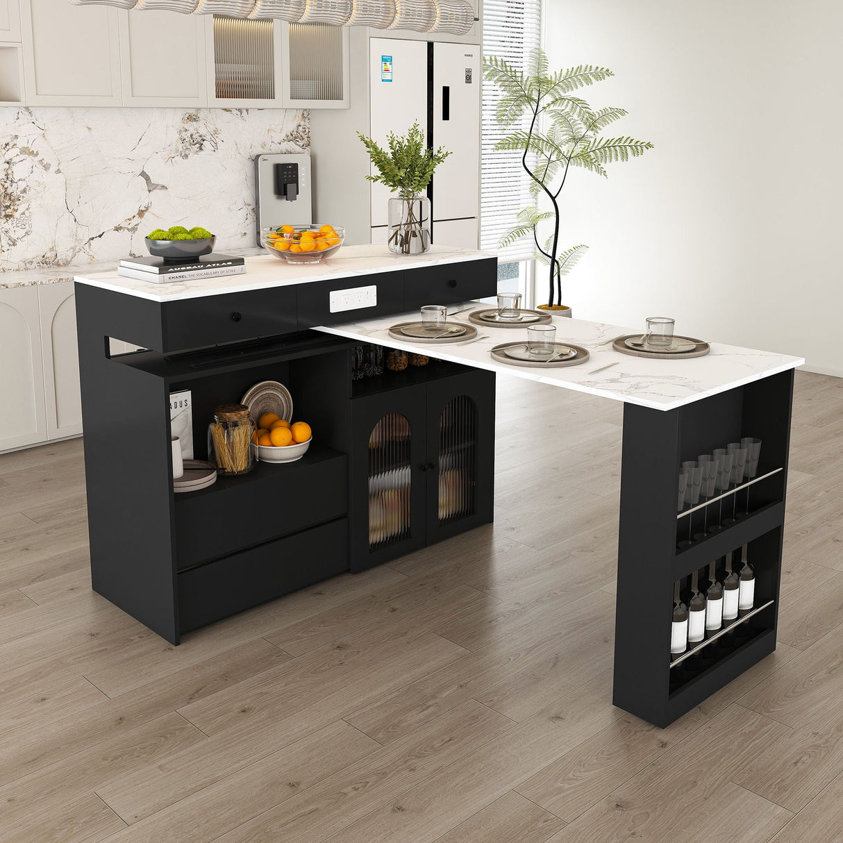 Retro Kitchen Island Set With Chairs, Extendable & Rotating Table, 4 Drawers & Door Cabinets