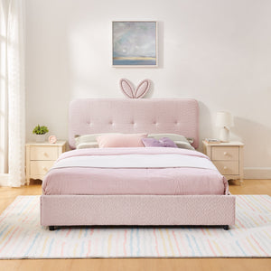 Queen Size Kids Upholstered Bed with Oversized Rabbit Ear Headboard, LED Light & 4 Storage Drawers, Boucle Fabric (84.5''X62.75''X41'')