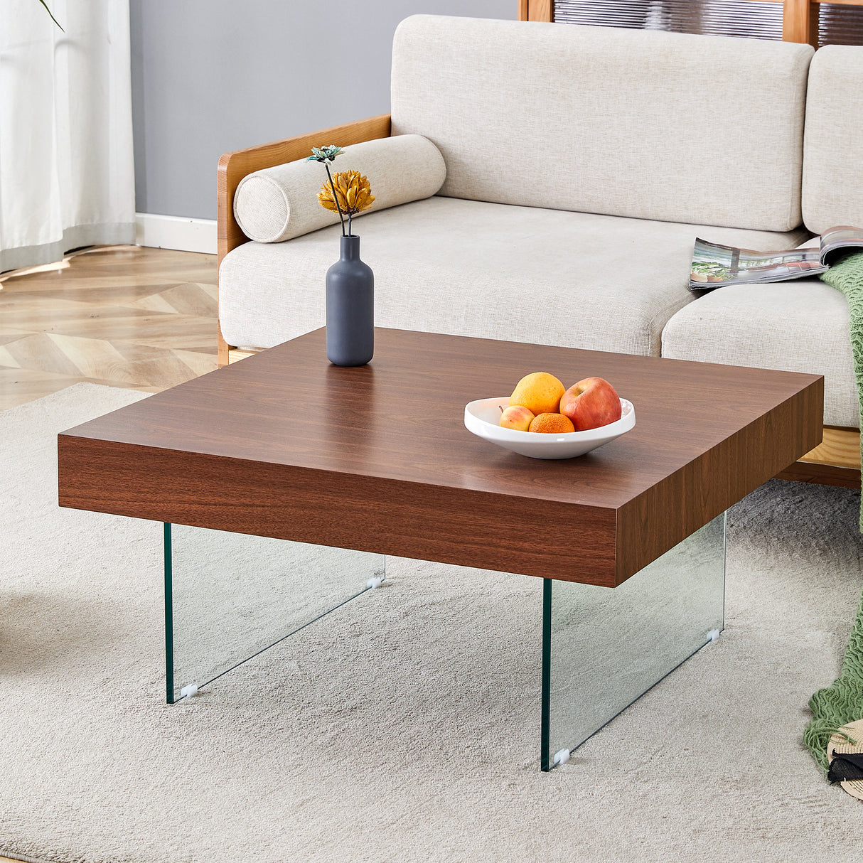 Walnut Colored Square MDF Coffee Table - 31.5'x31.5' with Tempered Glass Legs